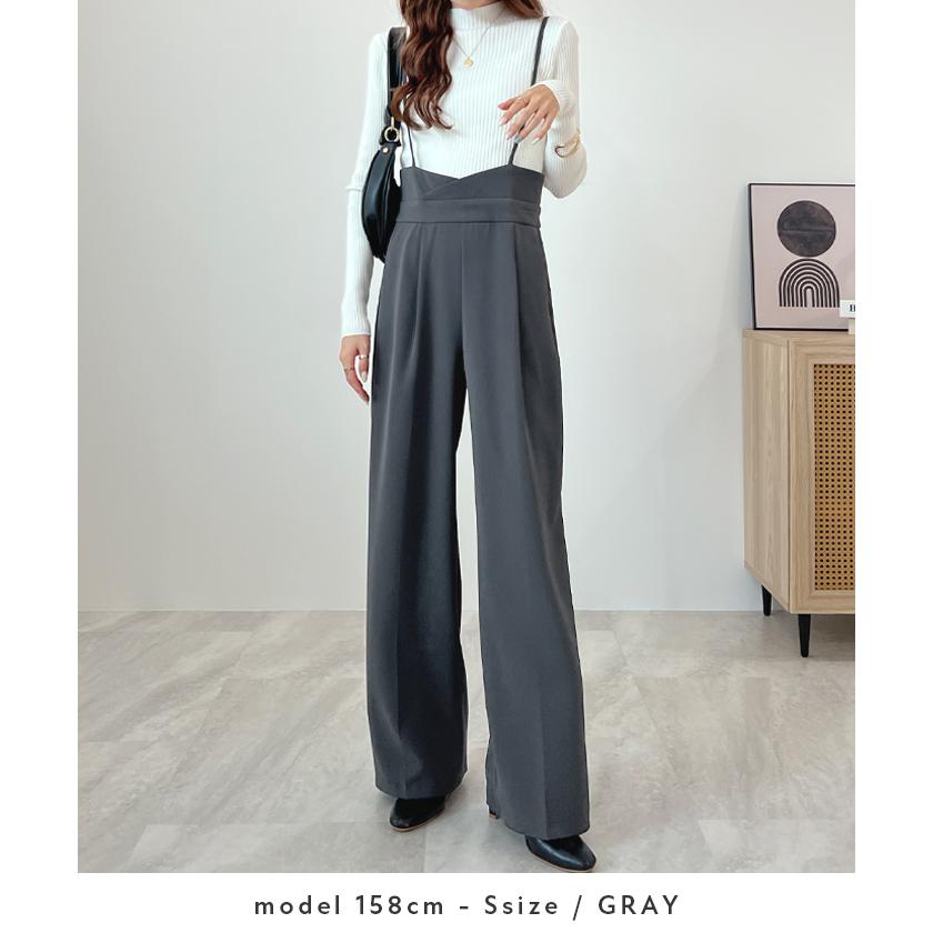 パンツ スラックス ハイウエスト サロペット タック ワイドパンツ レディース 上品 きれいめ オフィスカジュアル / ハイウエストキャミサロペットスラックス