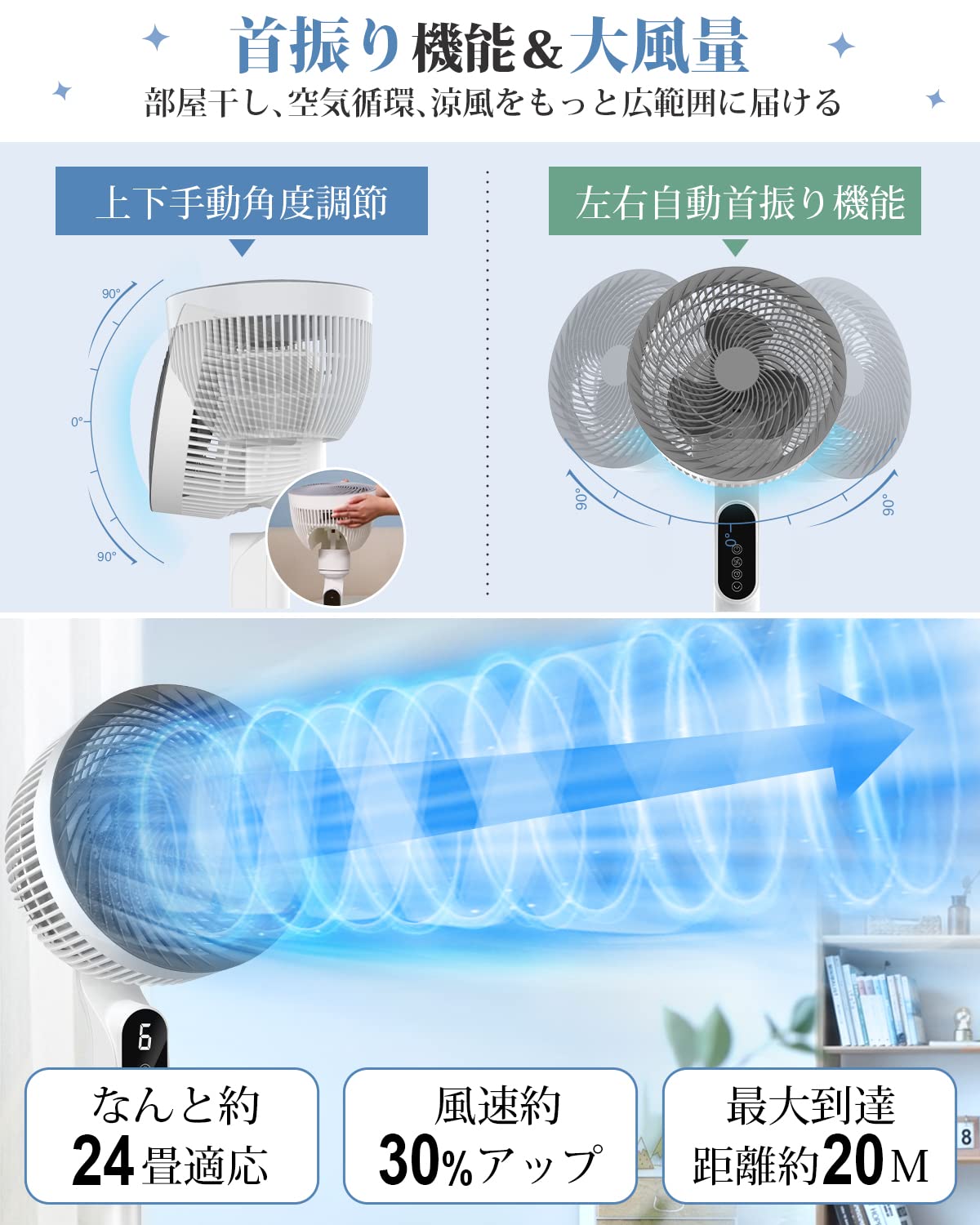 扇風機 サーキュレーター 兼用【2024新登場＆節電対策】風量6段階調節 扇風機 DCモーター 静音 せんぷうき扇風機 リビング 首振り リモコン付き さーきゅれーたー 省エネ タイマー付き 60Sパ