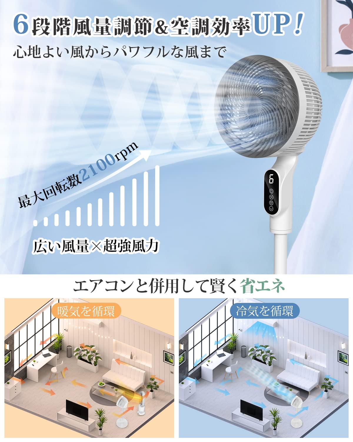 扇風機 サーキュレーター 兼用【2024新登場＆節電対策】風量6段階調節 扇風機 DCモーター 静音 せんぷうき扇風機 リビング 首振り リモコン付き さーきゅれーたー 省エネ タイマー付き 60Sパ