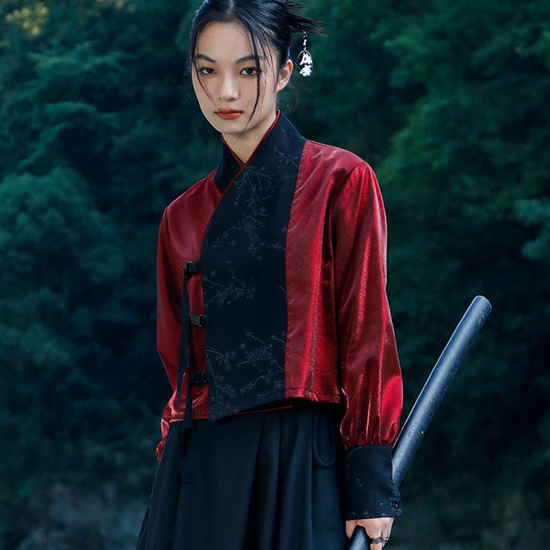 チャイナ風トップス レディース シャツ 赤 切り替え ハイウエスト 独特なデザイン かっこいい 侠客風 チャイナ風トップス レディース シャツ 赤 切り替え ハイウエスト 独特なデザイン かっこいい 侠客風