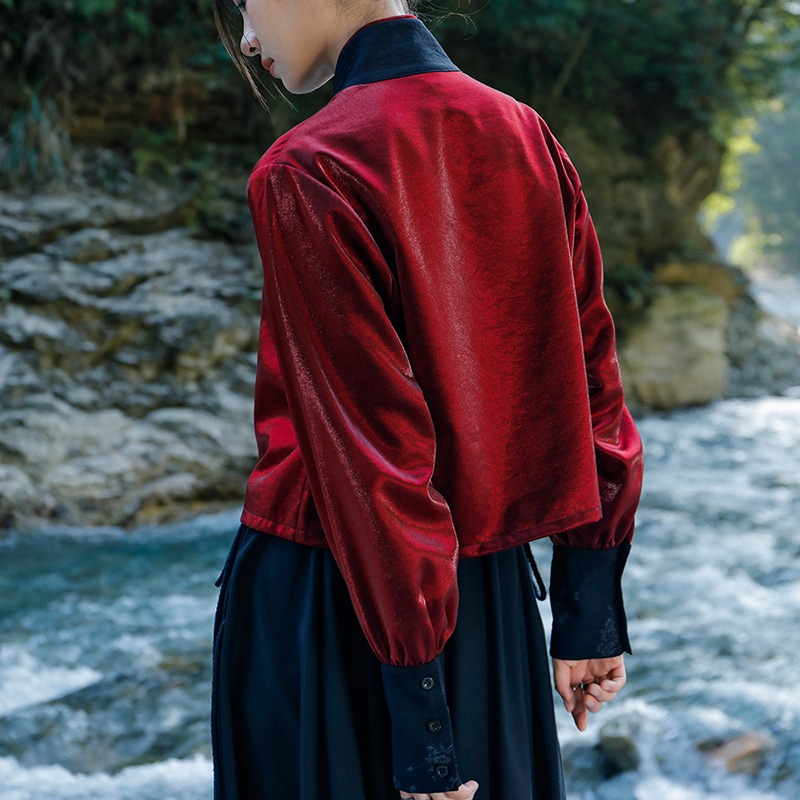 チャイナ風トップス レディース シャツ 赤 切り替え ハイウエスト 独特なデザイン かっこいい 侠客風 チャイナ風トップス レディース シャツ 赤 切り替え ハイウエスト 独特なデザイン かっこいい 侠客風