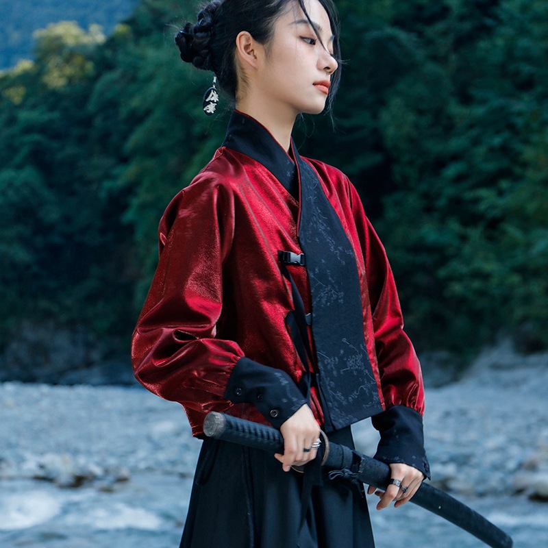 チャイナ風トップス レディース シャツ 赤 切り替え ハイウエスト 独特なデザイン かっこいい 侠客風 チャイナ風トップス レディース シャツ 赤 切り替え ハイウエスト 独特なデザイン かっこいい 侠客風