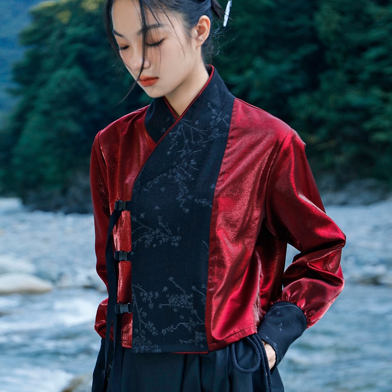 チャイナ風トップス レディース シャツ 赤 切り替え ハイウエスト 独特なデザイン かっこいい 侠客風 チャイナ風トップス レディース シャツ 赤 切り替え ハイウエスト 独特なデザイン かっこいい 侠客風