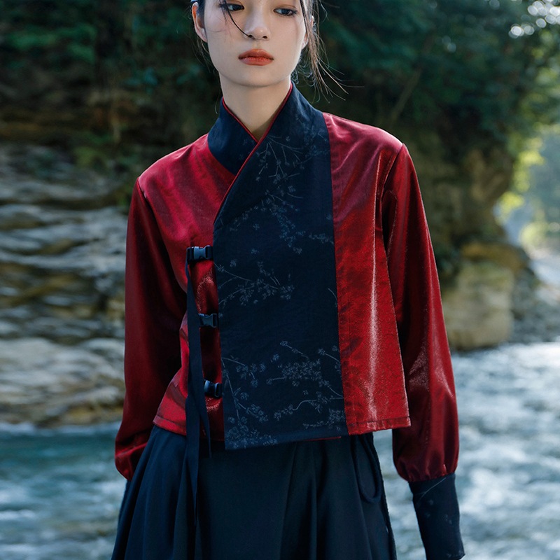 チャイナ風トップス レディース シャツ 赤 切り替え ハイウエスト 独特なデザイン かっこいい 侠客風 チャイナ風トップス レディース シャツ 赤 切り替え ハイウエスト 独特なデザイン かっこいい 侠客風