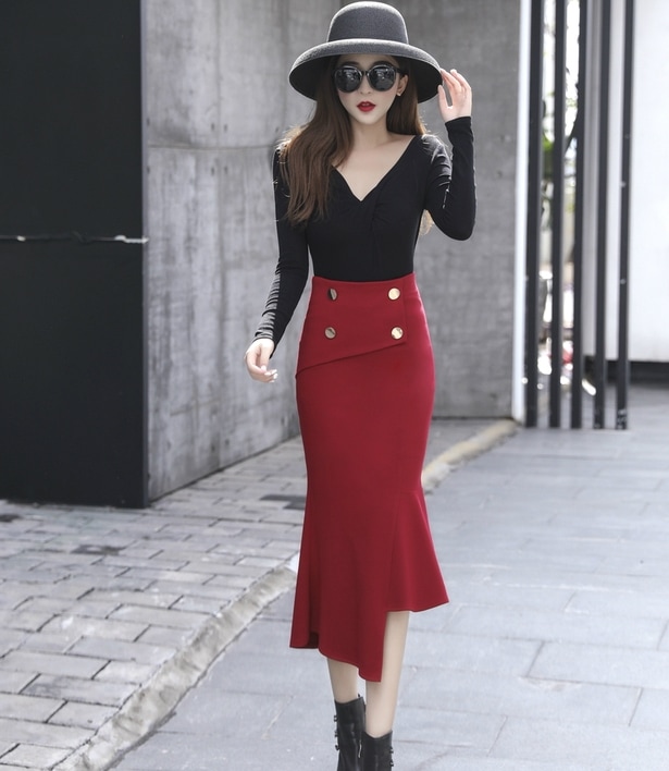 スカート レトロ モテアイテム スカート ボトムス ロングスカート タイトスカート ロング ロング丈 7分丈 ミディアム丈 スリム タイト 細身 マーメイド スマート ウエストマーク ファスナー