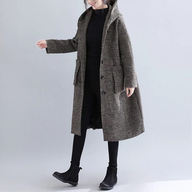 韓国ファッション 秋冬 フード付き 千鳥格子 トレンチコート ロング コート ラシャ 気質 カジュアル レディース ジャケット トップス