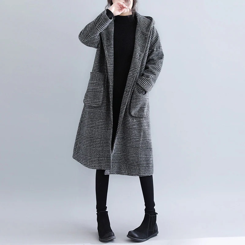 韓国ファッション 秋冬 フード付き 千鳥格子 トレンチコート ロング コート ラシャ 気質 カジュアル レディース ジャケット トップス