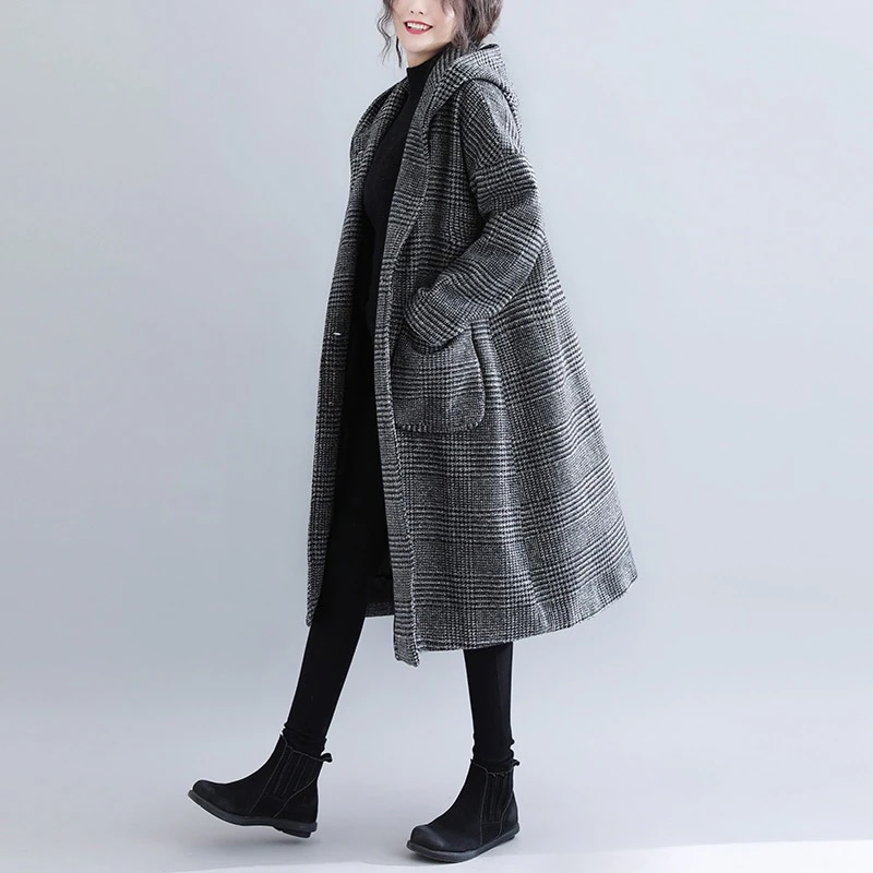 韓国ファッション 秋冬 フード付き 千鳥格子 トレンチコート ロング コート ラシャ 気質 カジュアル レディース ジャケット トップス