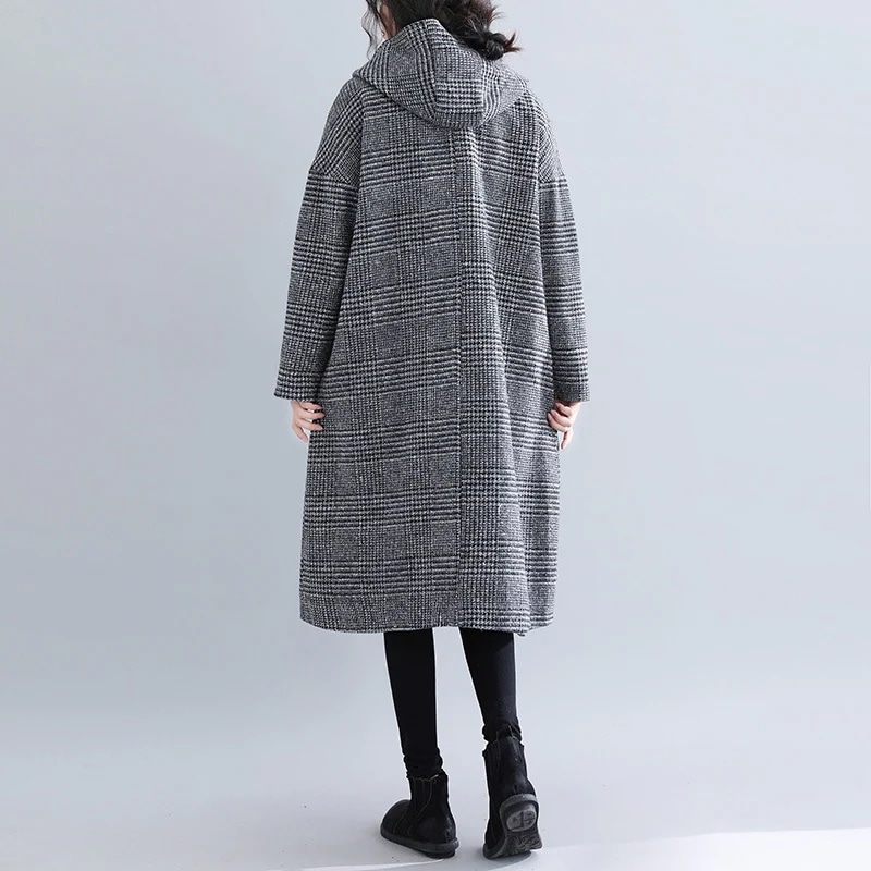 韓国ファッション 秋冬 フード付き 千鳥格子 トレンチコート ロング コート ラシャ 気質 カジュアル レディース ジャケット トップス