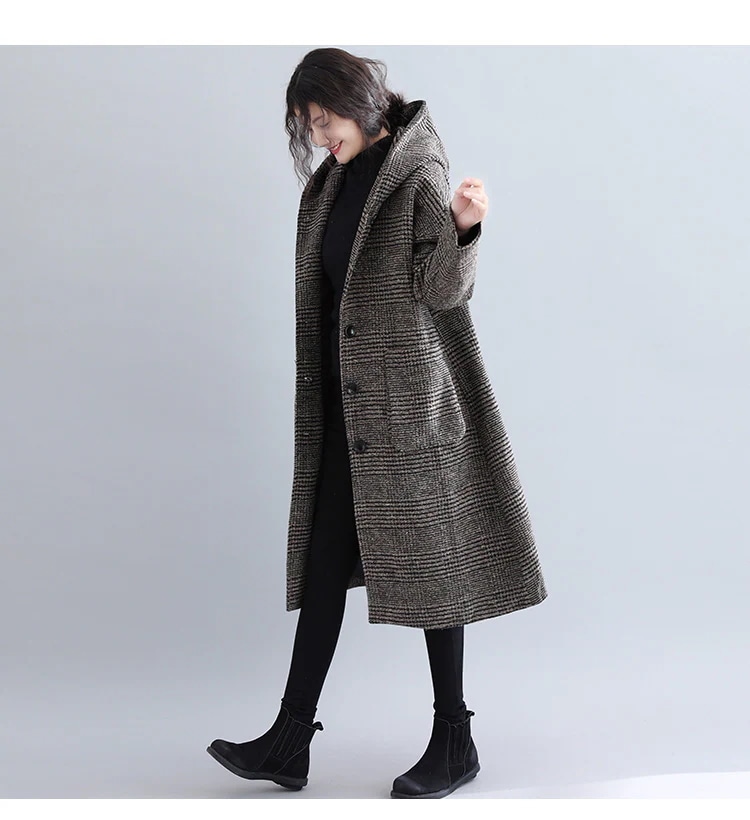 韓国ファッション 秋冬 フード付き 千鳥格子 トレンチコート ロング コート ラシャ 気質 カジュアル レディース ジャケット トップス