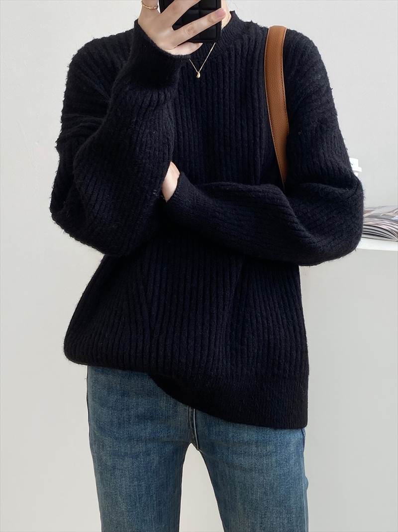 秋冬 シャツ セーター トップス プルオーバー 上着 ショート丈 袖あり 長袖 襟付き ハーフハイランドネック レギュラー ヘッジング ルーズ 編み込み かわいい 大人可愛い カジュアル お洒落 大人