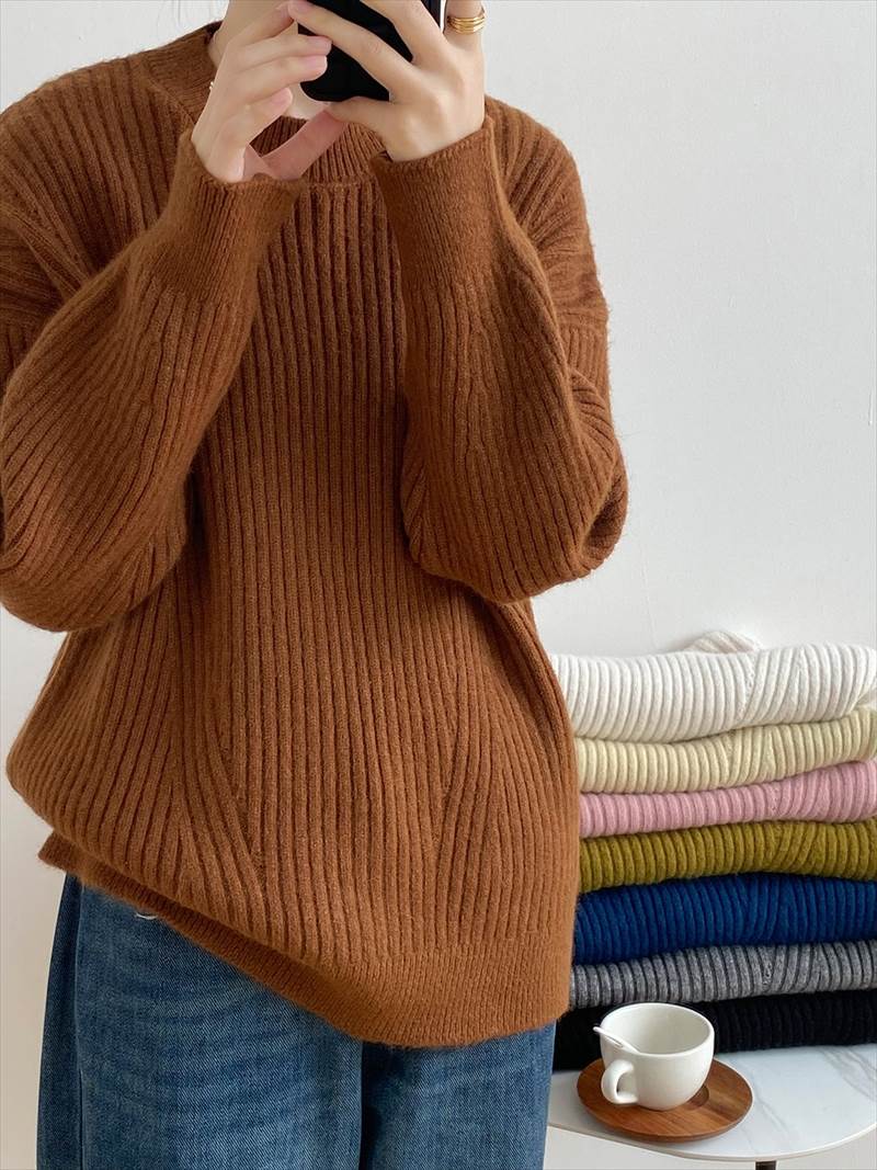 秋冬 シャツ セーター トップス プルオーバー 上着 ショート丈 袖あり 長袖 襟付き ハーフハイランドネック レギュラー ヘッジング ルーズ 編み込み かわいい 大人可愛い カジュアル お洒落 大人