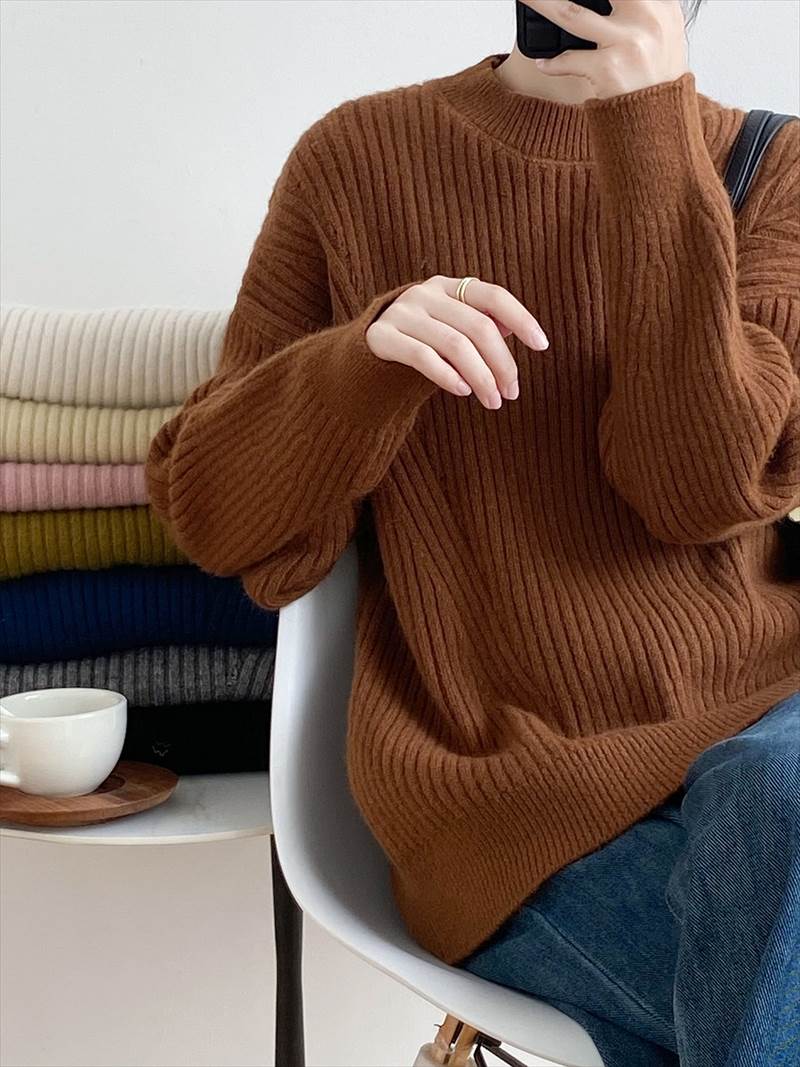 秋冬 シャツ セーター トップス プルオーバー 上着 ショート丈 袖あり 長袖 襟付き ハーフハイランドネック レギュラー ヘッジング ルーズ 編み込み かわいい 大人可愛い カジュアル お洒落 大人