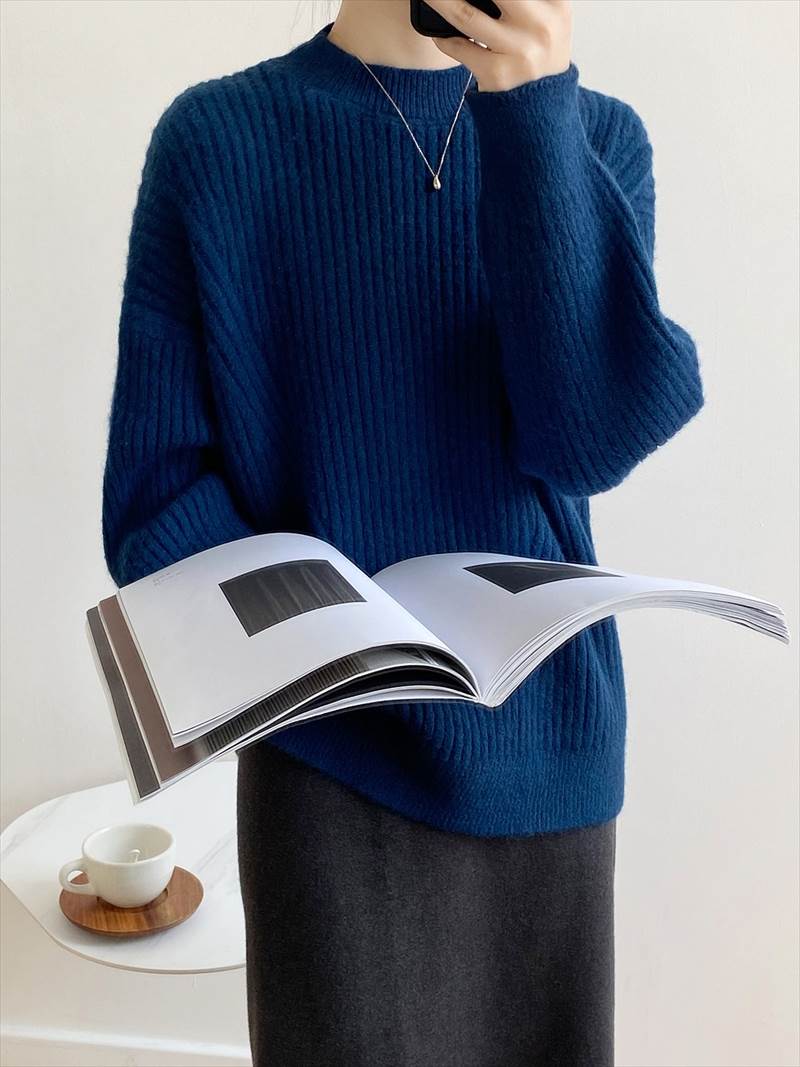 秋冬 シャツ セーター トップス プルオーバー 上着 ショート丈 袖あり 長袖 襟付き ハーフハイランドネック レギュラー ヘッジング ルーズ 編み込み かわいい 大人可愛い カジュアル お洒落 大人