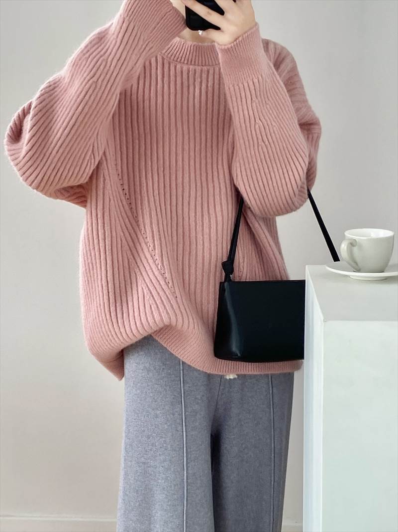 秋冬 シャツ セーター トップス プルオーバー 上着 ショート丈 袖あり 長袖 襟付き ハーフハイランドネック レギュラー ヘッジング ルーズ 編み込み かわいい 大人可愛い カジュアル お洒落 大人