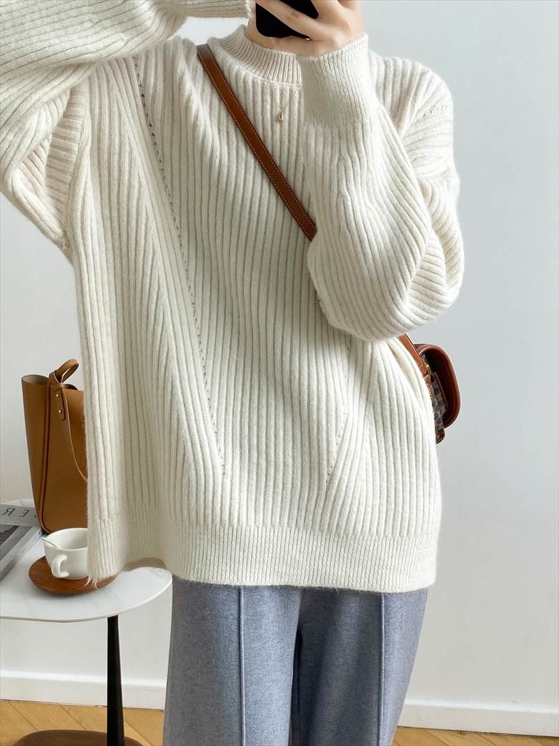 秋冬 シャツ セーター トップス プルオーバー 上着 ショート丈 袖あり 長袖 襟付き ハーフハイランドネック レギュラー ヘッジング ルーズ 編み込み かわいい 大人可愛い カジュアル お洒落 大人