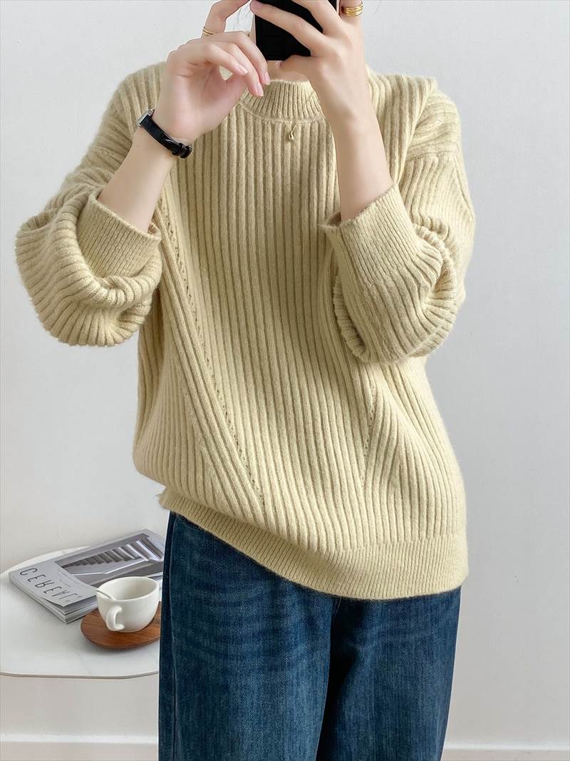 秋冬 シャツ セーター トップス プルオーバー 上着 ショート丈 袖あり 長袖 襟付き ハーフハイランドネック レギュラー ヘッジング ルーズ 編み込み かわいい 大人可愛い カジュアル お洒落 大人