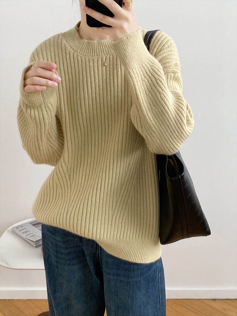 秋冬 シャツ セーター トップス プルオーバー 上着 ショート丈 袖あり 長袖 襟付き ハーフハイランドネック レギュラー ヘッジング ルーズ 編み込み かわいい 大人可愛い カジュアル お洒落 大人