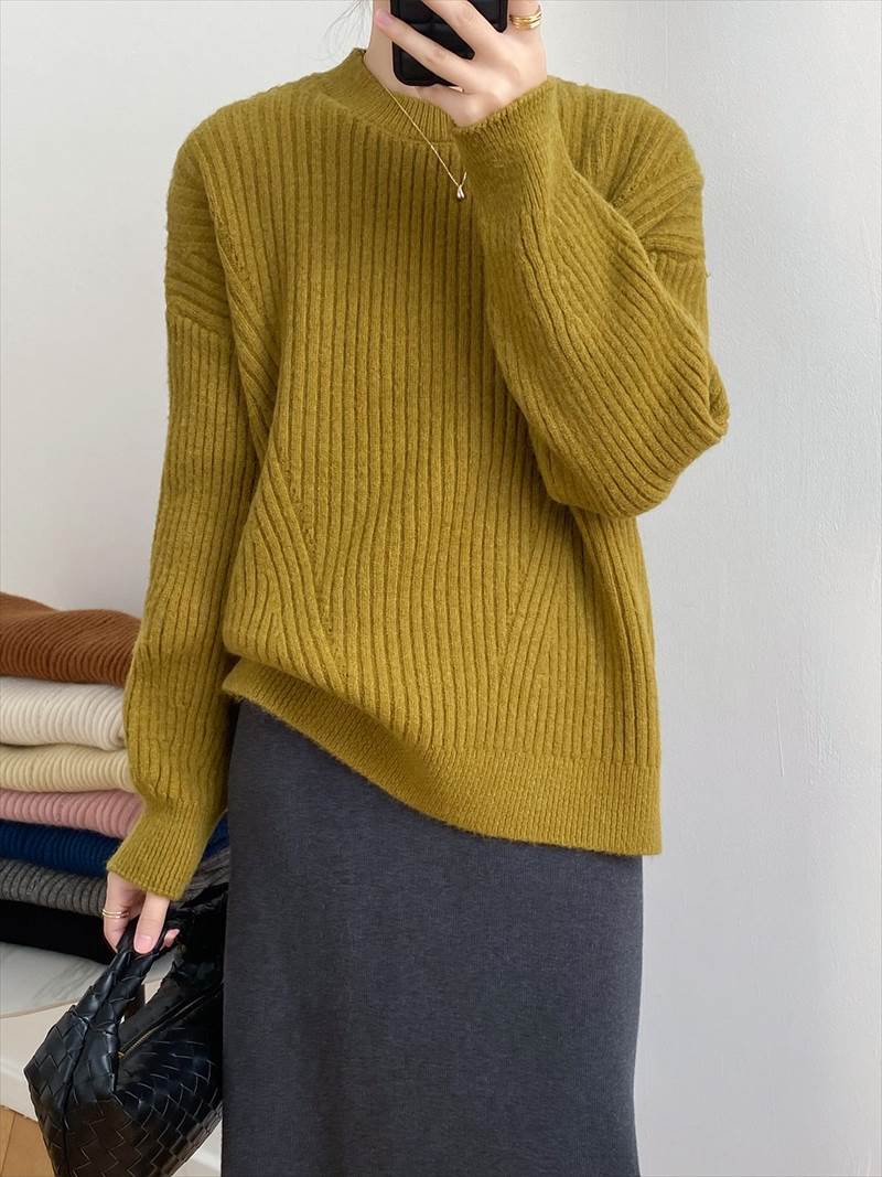 秋冬 シャツ セーター トップス プルオーバー 上着 ショート丈 袖あり 長袖 襟付き ハーフハイランドネック レギュラー ヘッジング ルーズ 編み込み かわいい 大人可愛い カジュアル お洒落 大人