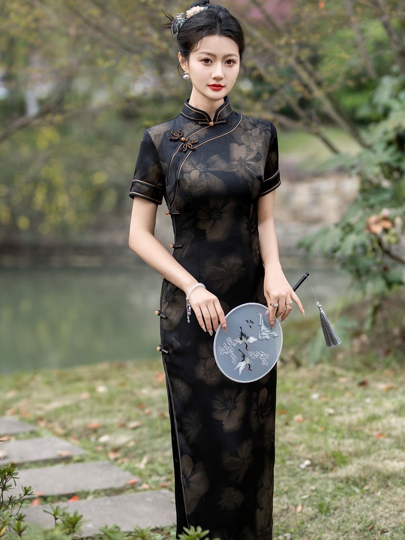 黒のチャイナドレスロングレトロ改良デイリーマザードレススリムでスリム