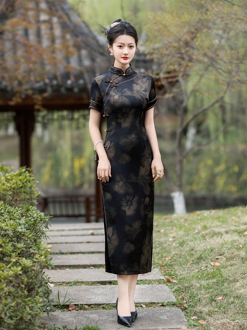 黒のチャイナドレスロングレトロ改良デイリーマザードレススリムでスリム