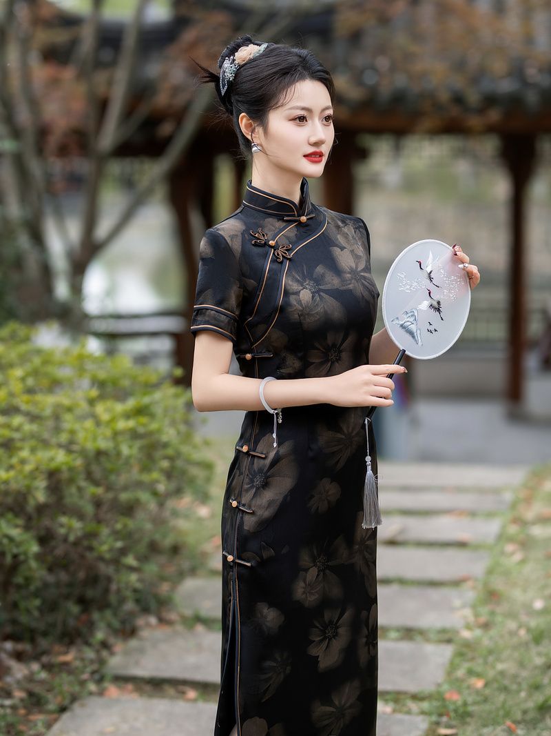 黒のチャイナドレスロングレトロ改良デイリーマザードレススリムでスリム