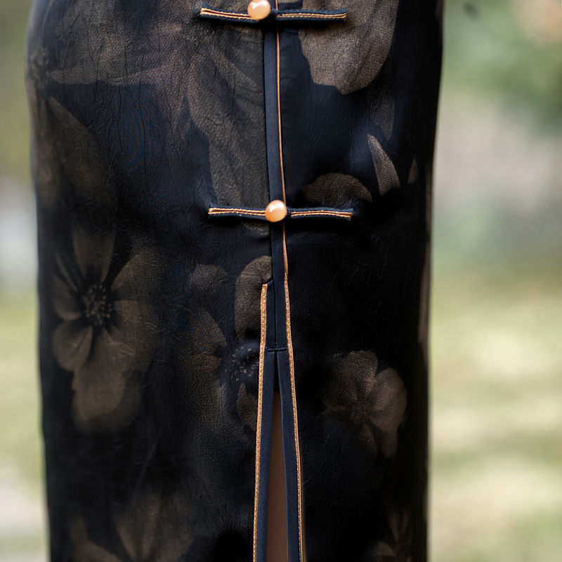 黒のチャイナドレスロングレトロ改良デイリーマザードレススリムでスリム