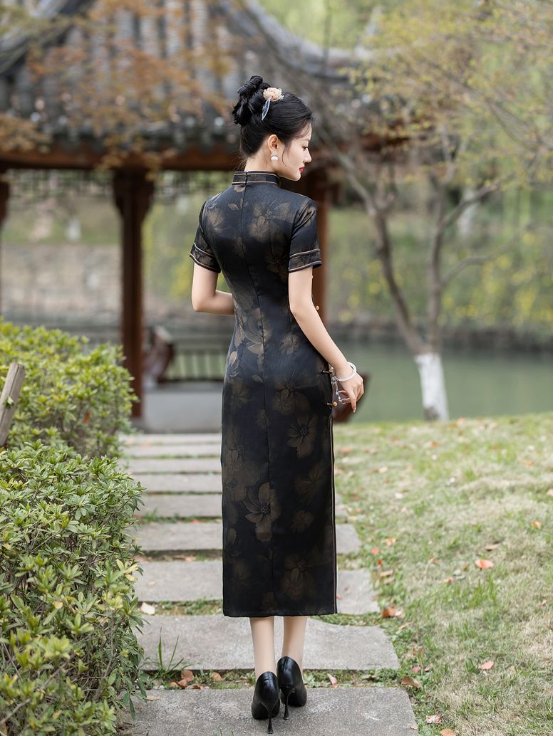 黒のチャイナドレスロングレトロ改良デイリーマザードレススリムでスリム
