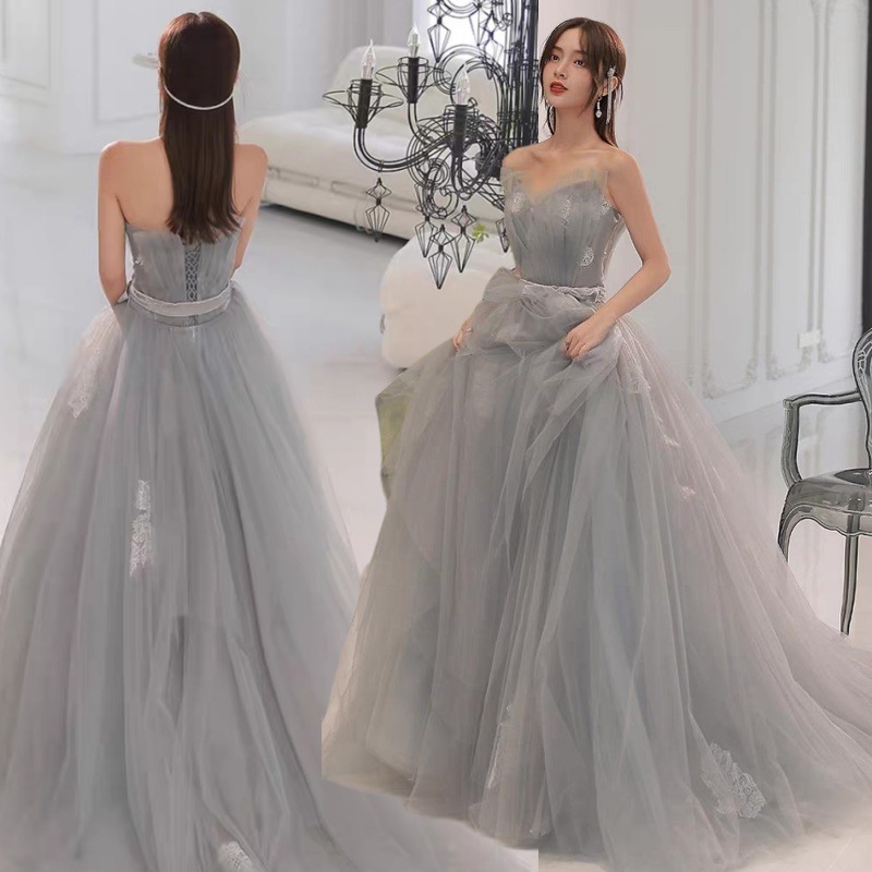 パーティードレス グレー ウェディングドレス トレーンライン 花嫁