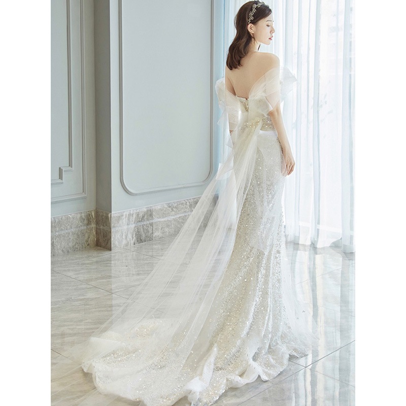 パーティードレスドレスウェディングドレス 花嫁 結婚式　ドレス 結婚式 フィッシュテールスカート着痩せ一文字肩 セクシー