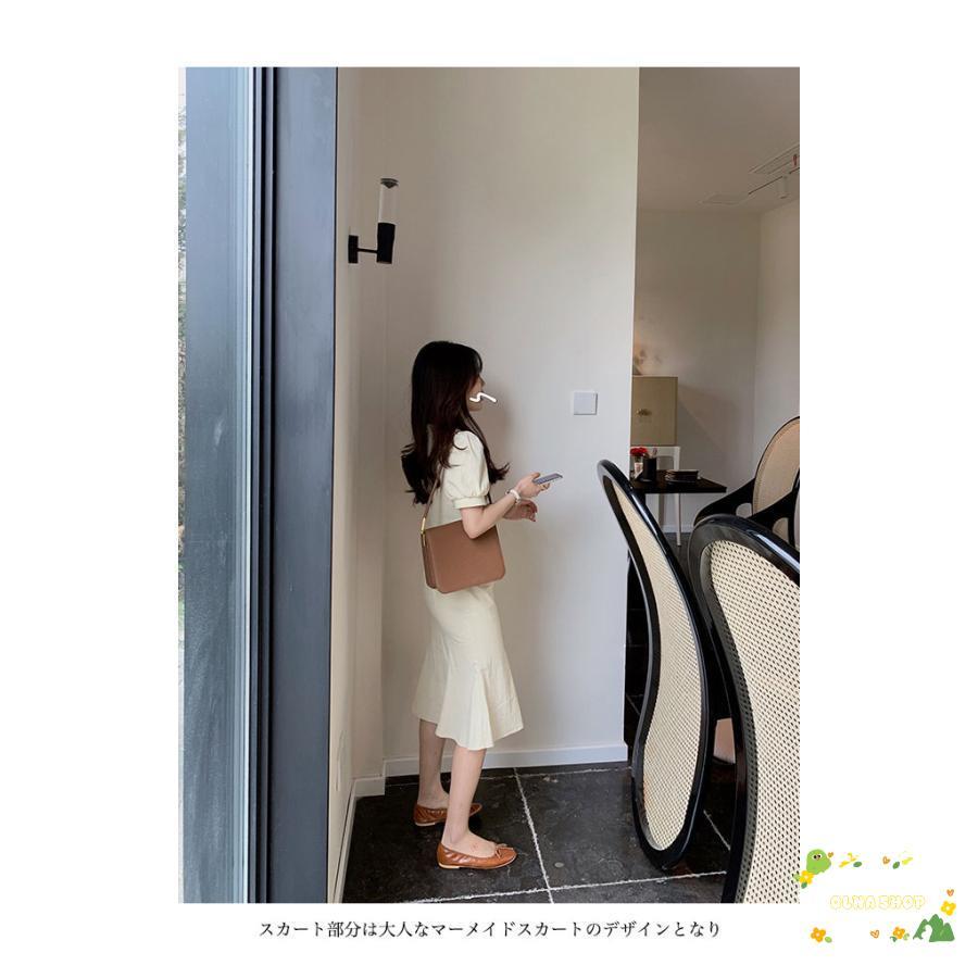 マーメイド 半袖ワンピース 夏 レディース ワンピース パフスリーブ マーメイドワンピース レトロ スクエアネック デコルテ見せ ミディ丈