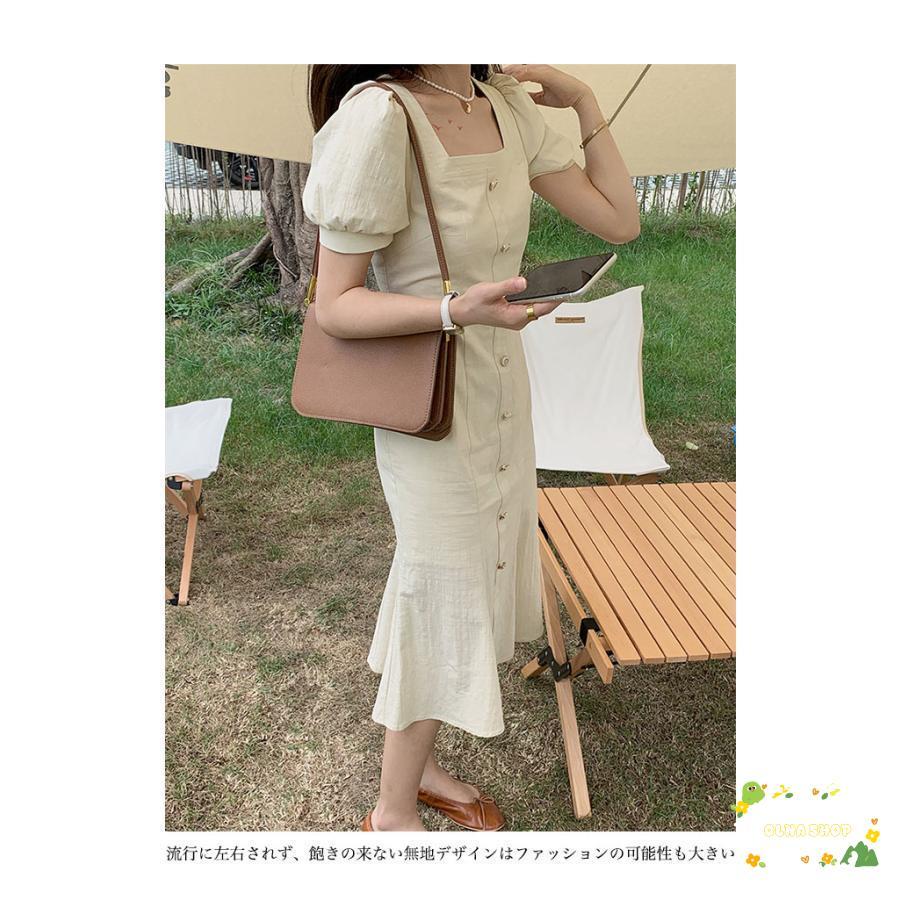 マーメイド 半袖ワンピース 夏 レディース ワンピース パフスリーブ マーメイドワンピース レトロ スクエアネック デコルテ見せ ミディ丈
