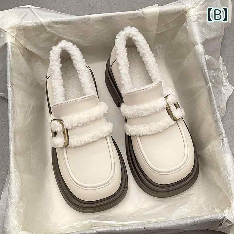 ローファー もこもこ 内ボア パンプス シューズ レディース かわいい 個性的 裏起毛 暖かい ファー スリッポン 黒 白 茶色 無地 バイカラー 韓国風 レトロ 通学 学生 PUレザー 革 靴 くつ