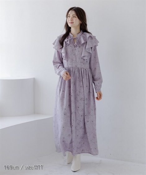 ロング・マキシ丈/半袖 高身長　フリルデザイン総柄ワンピース トールサイズ fifiean