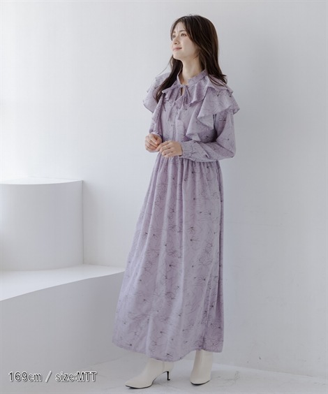 ロング・マキシ丈/半袖 高身長　フリルデザイン総柄ワンピース トールサイズ fifiean