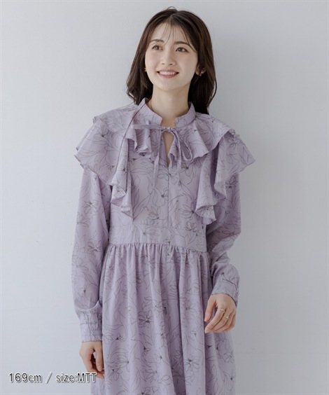 ロング・マキシ丈/半袖 高身長　フリルデザイン総柄ワンピース トールサイズ fifiean