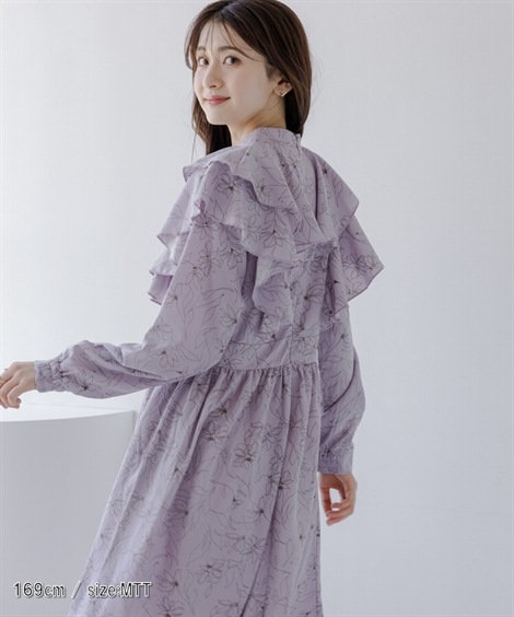 ロング・マキシ丈/半袖 高身長　フリルデザイン総柄ワンピース トールサイズ fifiean