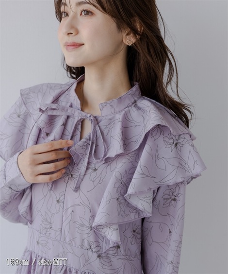 ロング・マキシ丈/半袖 高身長　フリルデザイン総柄ワンピース トールサイズ fifiean