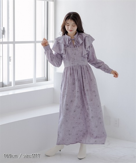 ロング・マキシ丈/半袖 高身長　フリルデザイン総柄ワンピース トールサイズ fifiean