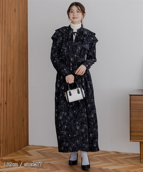 ロング・マキシ丈/半袖 高身長　フリルデザイン総柄ワンピース トールサイズ fifiean