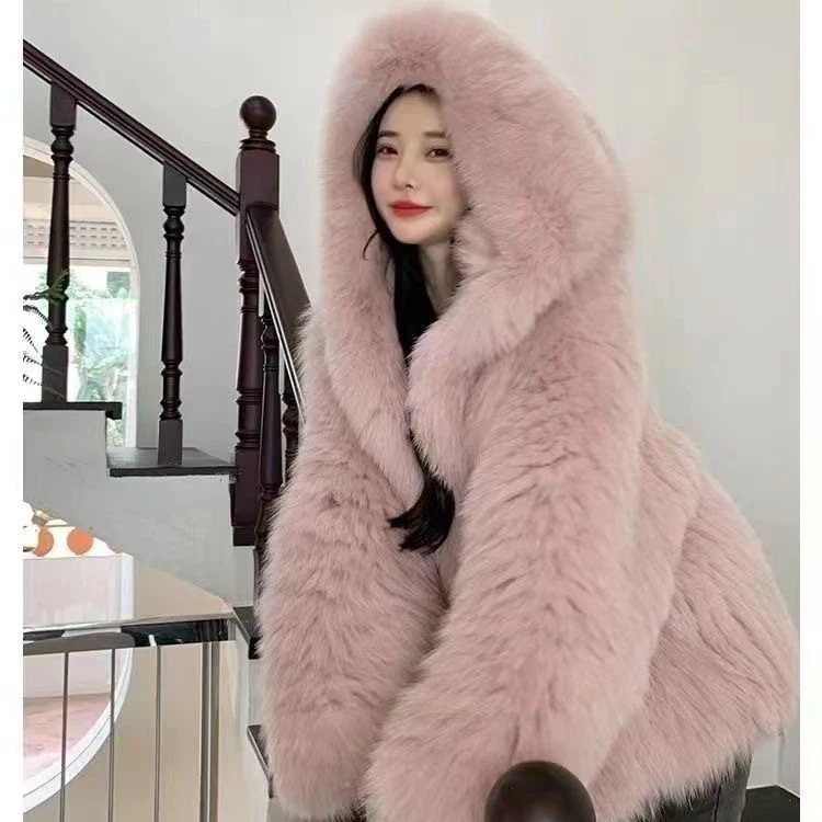 2024 フード付きフォックスファーコート女性用冬ミッドレングスインターネットセレブヤングスタイル織り環境に優しい毛皮の豪華なコート 2024 フード付きフォックスファーコート女性用冬ミッドレングスインターネットセレブヤングスタイル織り環境に優しい毛皮の豪華なコート