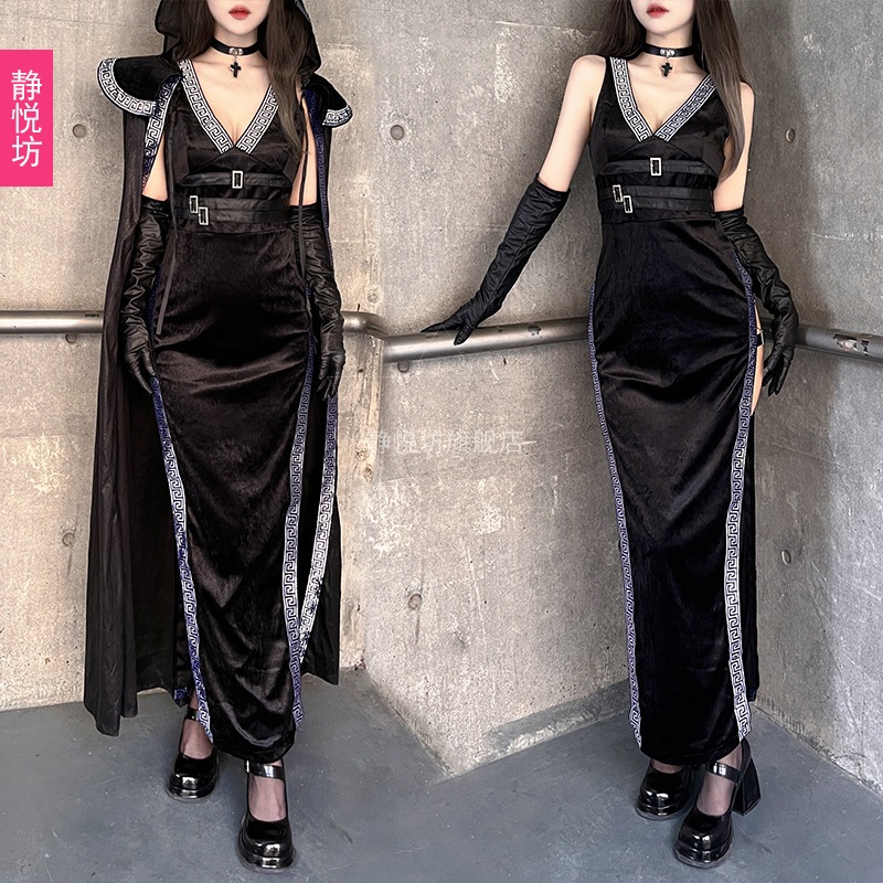 ハロウィーン衣装セクシーな魔女は暗黒ギャルを装って長いローブ夜店コスプレ衣装を修理します ハロウィーン衣装セクシーな魔女は暗黒ギャルを装って長いローブ夜店コスプレ衣装を修理します