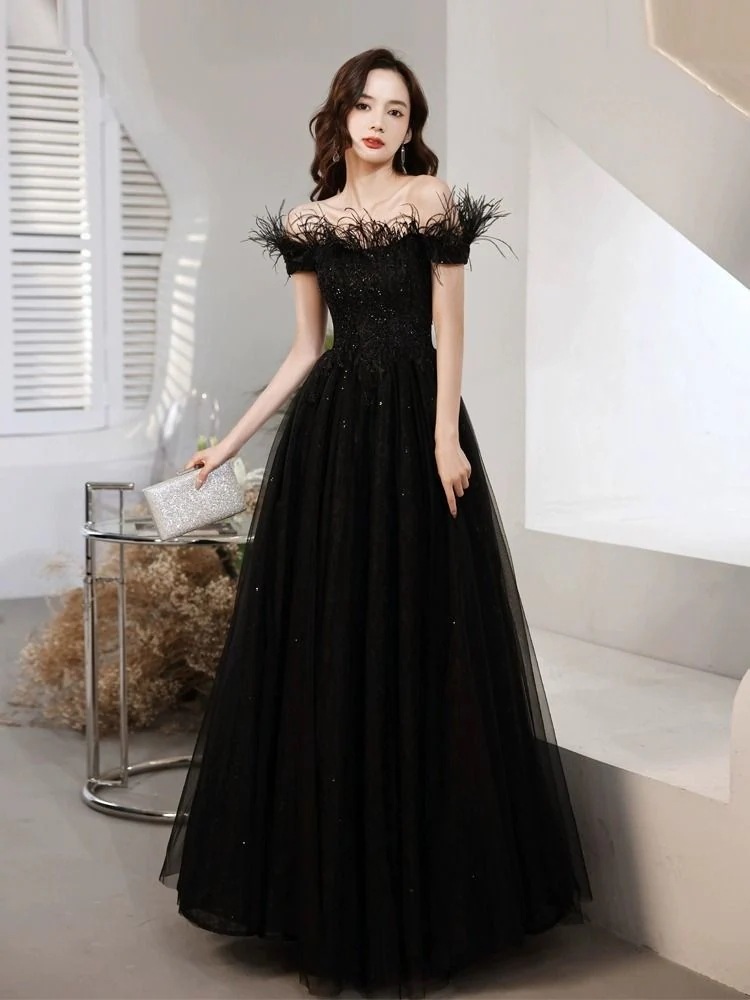 ブラックイブニングドレス2025イブニングドレスバンケット気質ドレスレディース ブラックイブニングドレス2025イブニングドレスバンケット気質ドレスレディース
