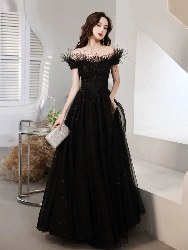 ブラックイブニングドレス2025イブニングドレスバンケット気質ドレスレディース ブラックイブニングドレス2025イブニングドレスバンケット気質ドレスレディース