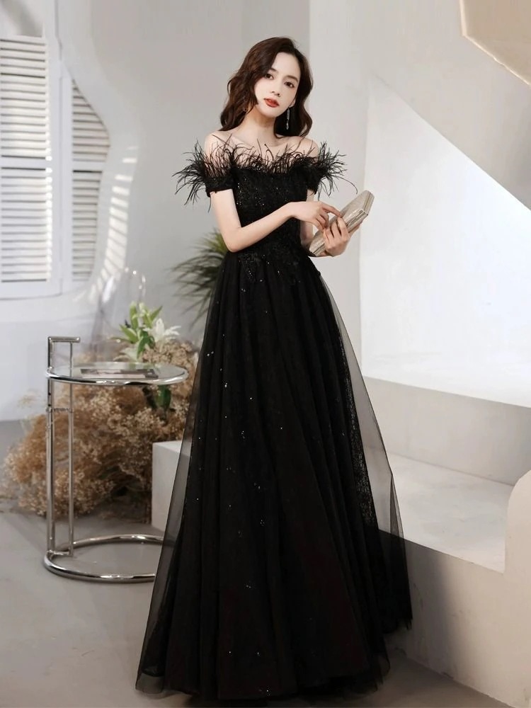 ブラックイブニングドレス2025イブニングドレスバンケット気質ドレスレディース ブラックイブニングドレス2025イブニングドレスバンケット気質ドレスレディース