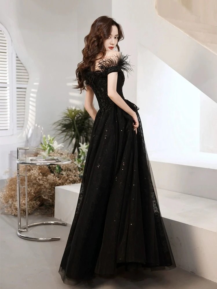 ブラックイブニングドレス2025イブニングドレスバンケット気質ドレスレディース ブラックイブニングドレス2025イブニングドレスバンケット気質ドレスレディース