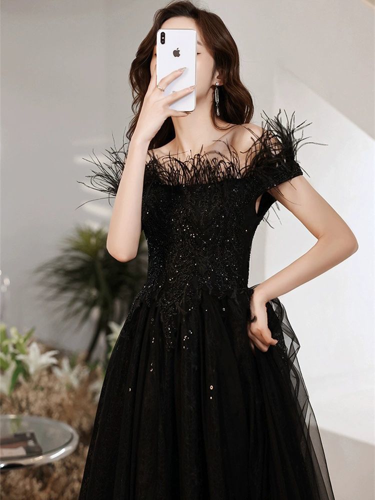 ブラックイブニングドレス2025イブニングドレスバンケット気質ドレスレディース ブラックイブニングドレス2025イブニングドレスバンケット気質ドレスレディース