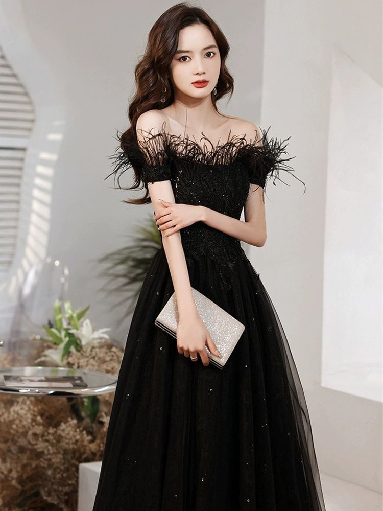 ブラックイブニングドレス2025イブニングドレスバンケット気質ドレスレディース ブラックイブニングドレス2025イブニングドレスバンケット気質ドレスレディース