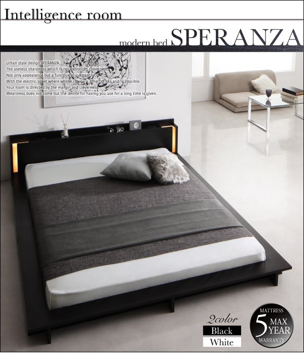 モダンライト/棚/コンセント付き デザインフロアローベッド [SPERANZA]スペランツァ [スタンダードボンネルコイルマットレス付き] クイーン [フレーム色]ブラック [マットレス色]ホワイト