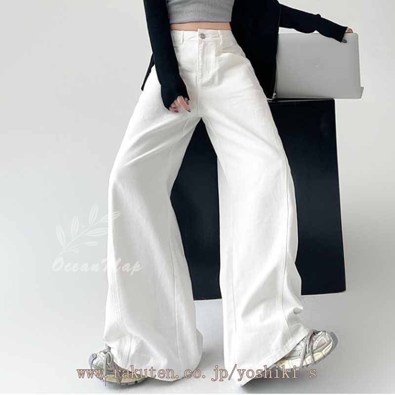 デニムパンツ レディース デニム パンツ ストレート ボトムス ジーパン ジーンズ ストレートパンツ ストレートデニム パンツ 股上深め ハイウエスト 春 夏 秋 個性的 ロング 白